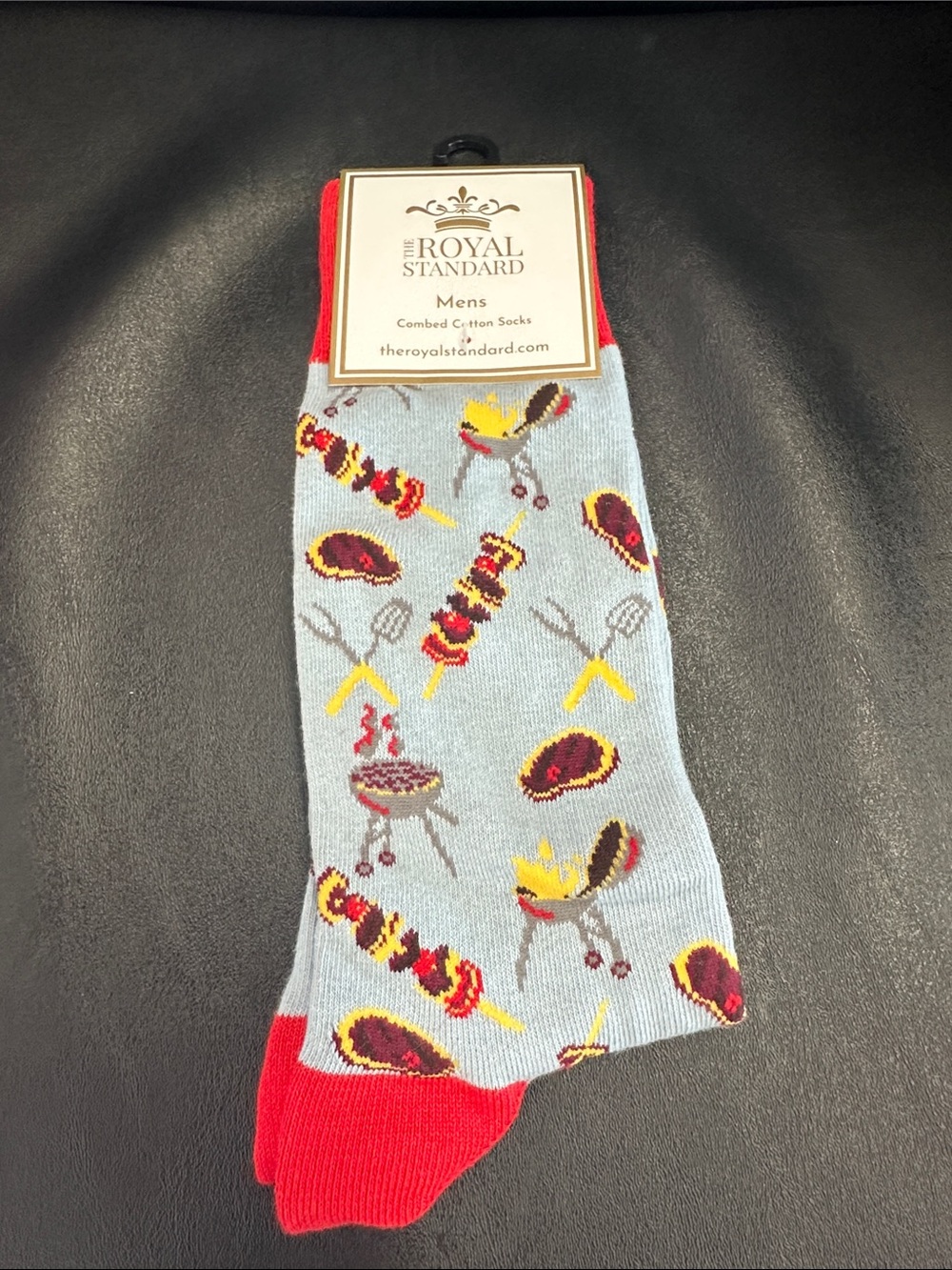 The Royal Standard Men's Light Blue BBQ Pattern Crew Socks with Red Accents